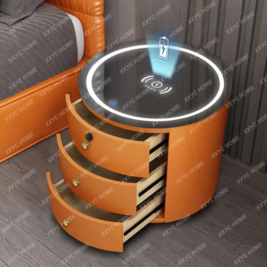 Round Bedside Table Nightstands Intelligent Password Fingerprint Wireless Charging Wood Chevet De Lit Meuble Home Furniture