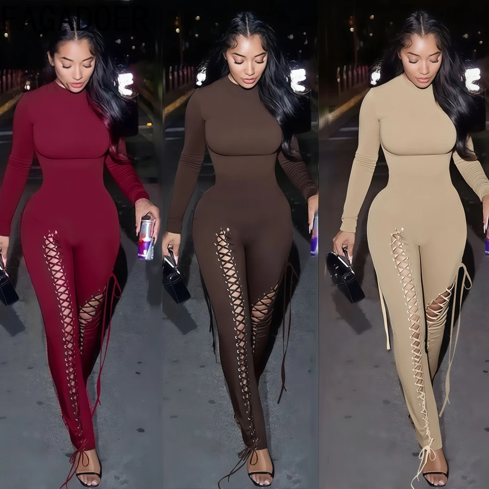 FAGADOER Sexy Bandage Patchwork Woman 2 Piece Set Outfit Solid Color Long Sleeves Crop Top + Pants Midnight Female Streetwear