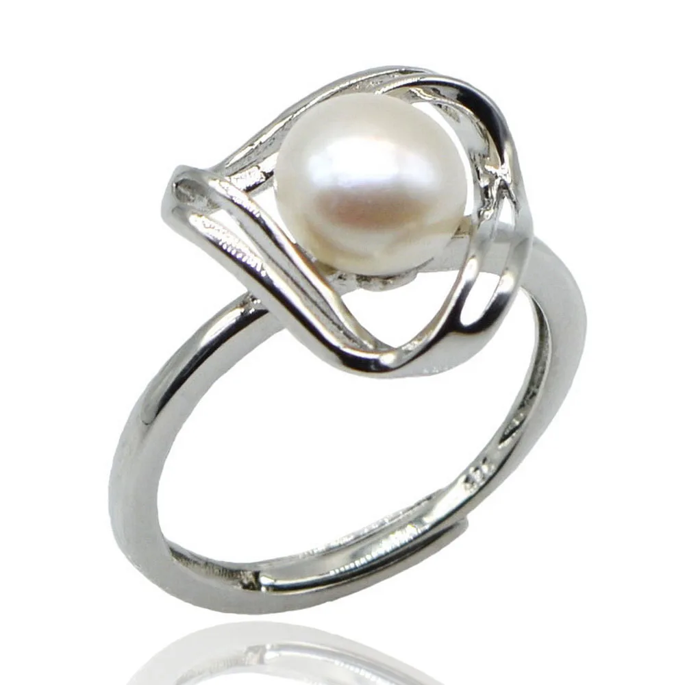 

Rings for Women Round Natural Freshwater Pearl Ring 925 Silver Girly Style Cutout Adjustable Fashion Jewelry Anniversary Gift