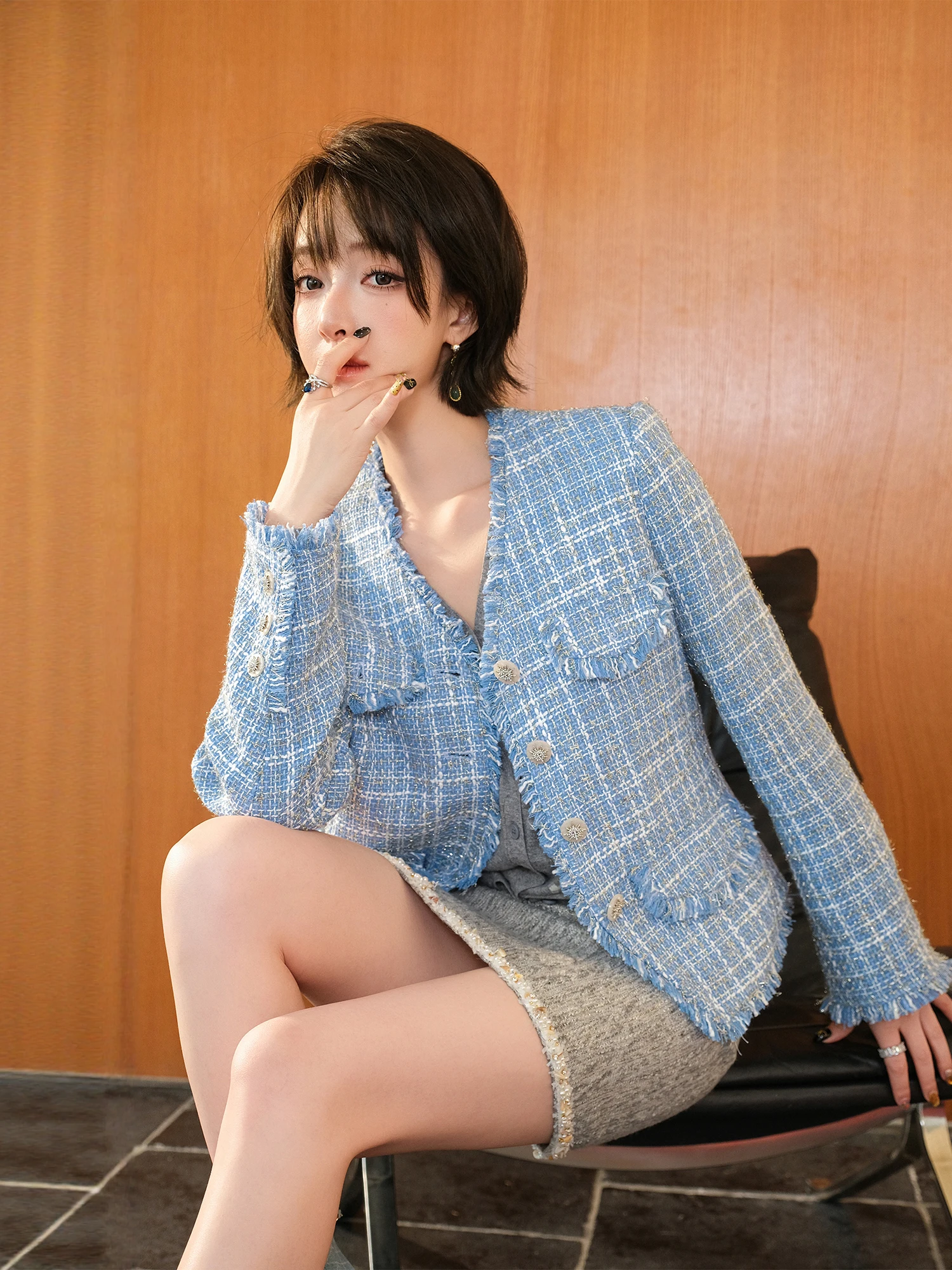 

MIUCO Fre Ele Anti-Aging Small Fraance Sle Tweed Jaet Woolen Tead Lace Trim ort Top Women's Faion Outerwear