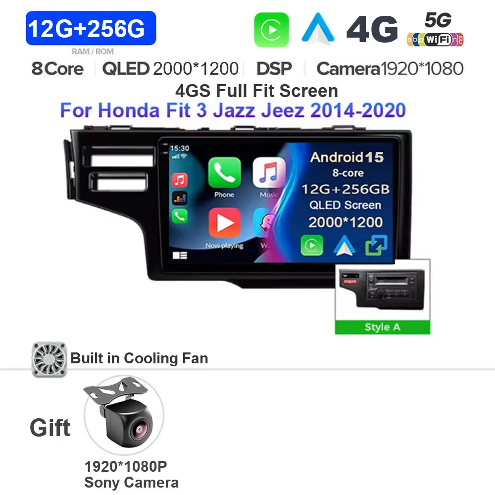 Android 15 autoradio voor Honda Jazz 3 2015 - 2020 Fit 3 GP GK 2013 - 2020 Carplay Auto GPS Navigatie Multimedia Speler 4G WIFI