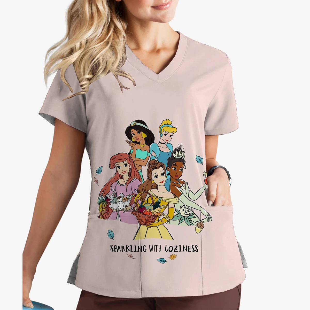 Donna Estate Maniche corte Disney Biancaneve Stampa Scollo a V Stampa Scrub Top Chirurgo Abiti da lavoro Dottore Infermiera Abito chirurgico