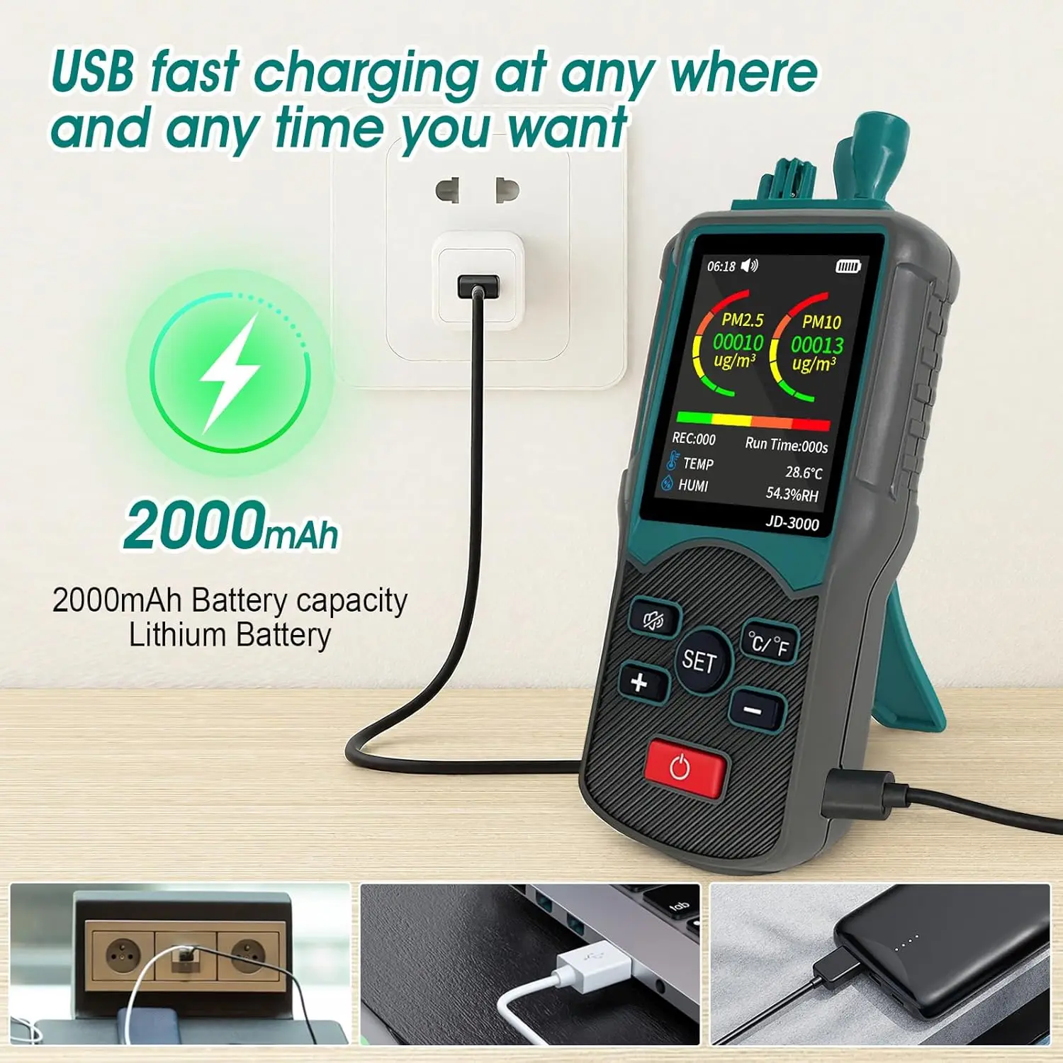 JD-3000 Laser Dust Particle Counter Portable PM2.5/PM10 Tester 6-Size Analysis with Temp/Humi Display Data Recording