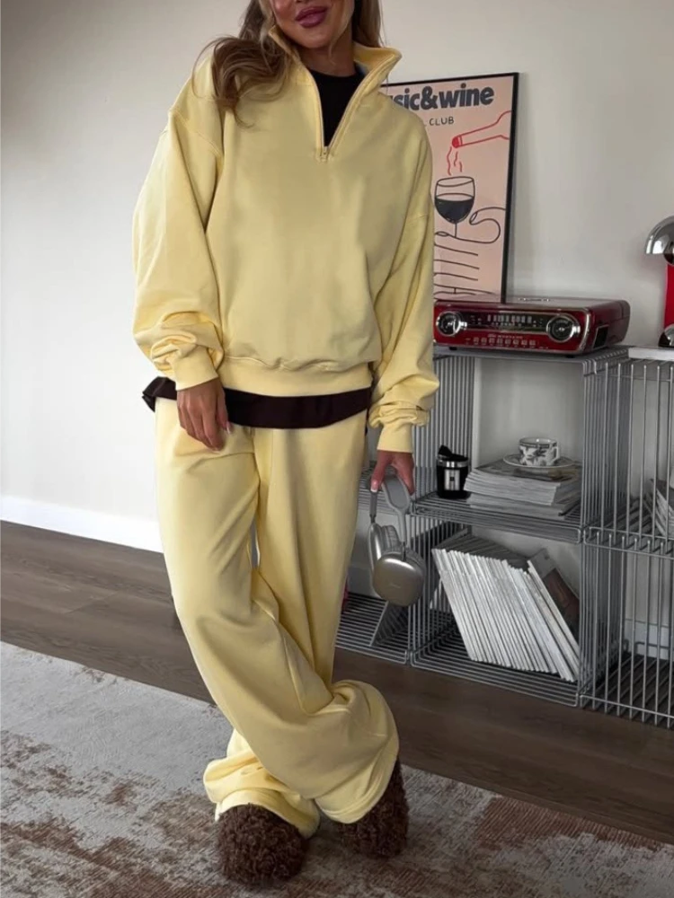 

Oversize Lace-Up Sweatpants Two-Piece Women Fashion Half-Open Collar Long-Sleeved Pullover Sweatshirt and Trousers Casual Suit