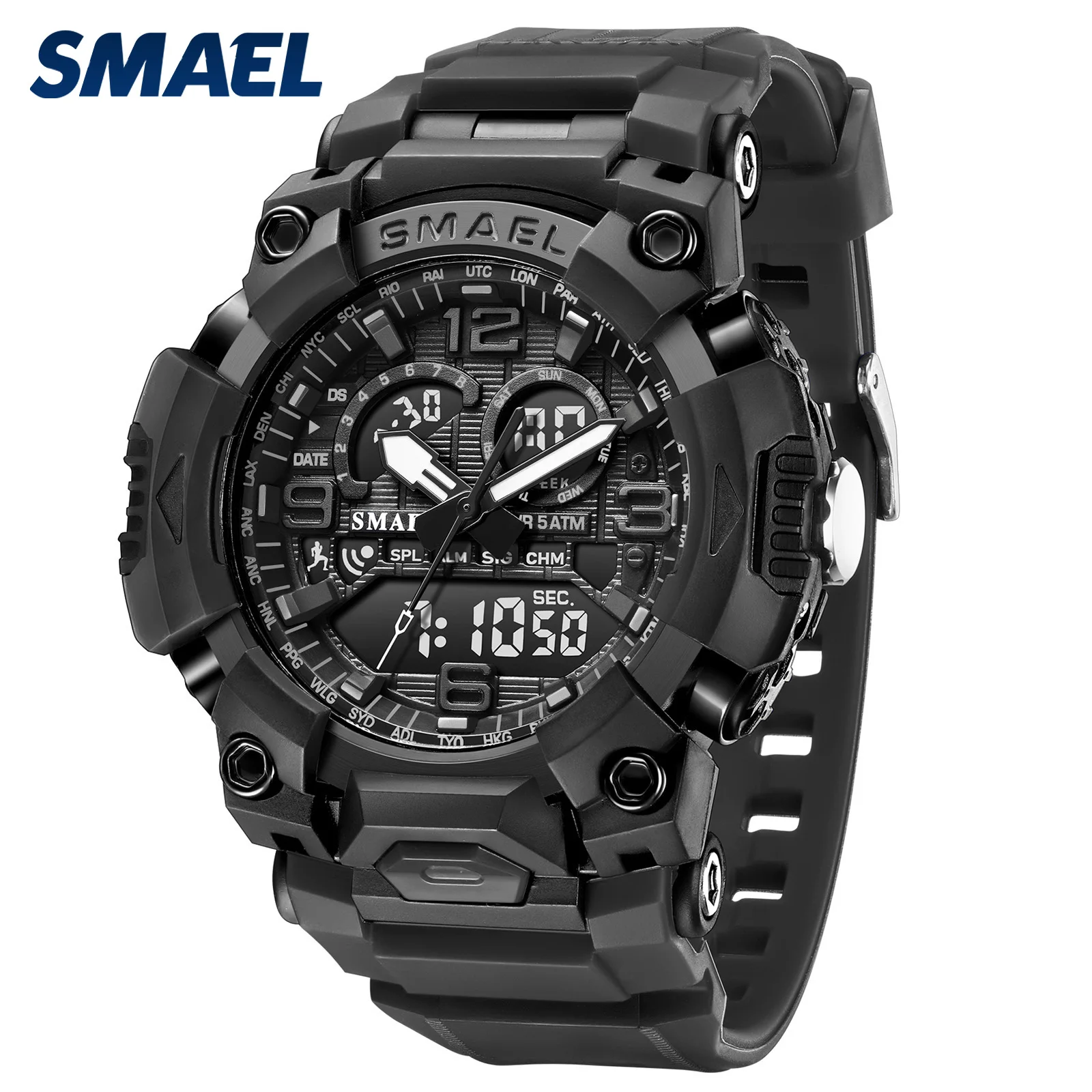 

SMAEL 8099, модные спортивные повседневные электронные мужские часы с двойным цифровым дисплеем, силиконовый ремешок, светящиеся водонепроницаемые часы-будильник