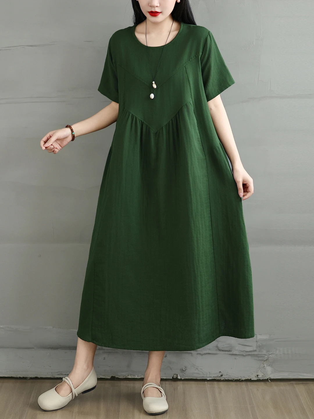 

Retro Cotton round Neck Short Sleeve Dress Women Loose plus Size Slimming A-Line Skirt High Waist Spring Summer Citywalk Dress