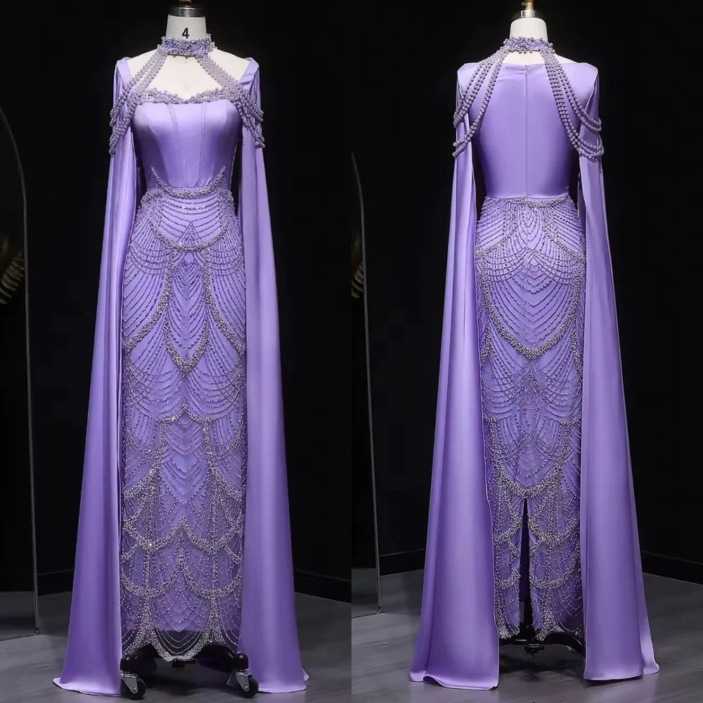 

Customized Elegant Purple Satin Evening Dress Classic High Neckline Shawl Zipper Back Pearls Beading Special Occasion Gowns