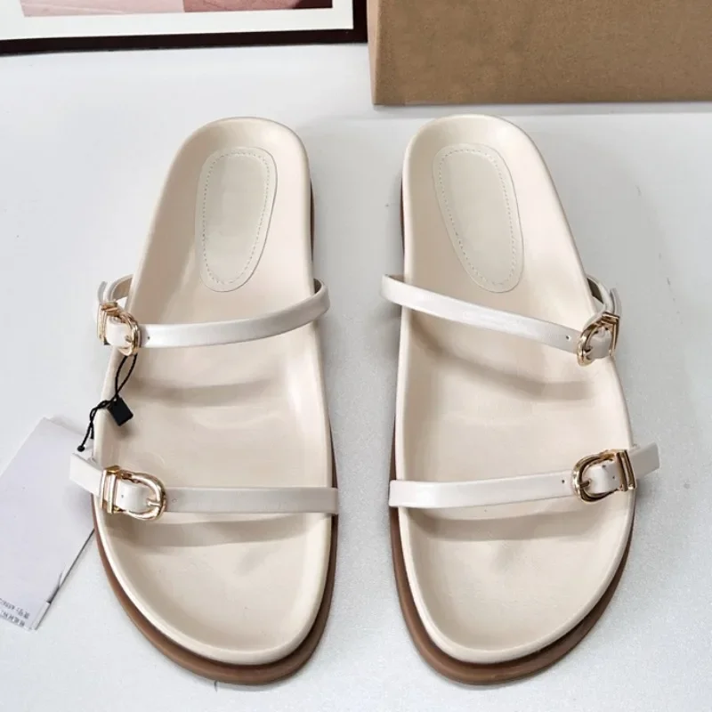 Summer Soft Sole Women Beach Shoes Metal Belt Buckle Round Toe Beige Ladies Flat Slippers Designer Comfortable Female Slides