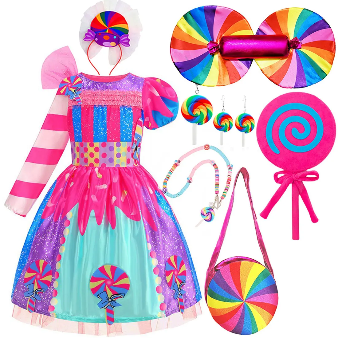 2024 Christmas Holiday Party Gift Girls Long Short Sleeve Asymmetrical Candy Dress Rainbow Ballet Girls Holiday Dress with Tiara