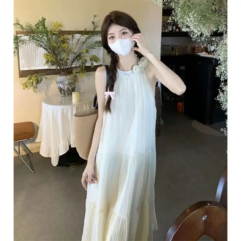 Robes femmes robe col en V été Modal smockage Applique cordon régulier station de sable vacances romantiques doux artistique quotidien