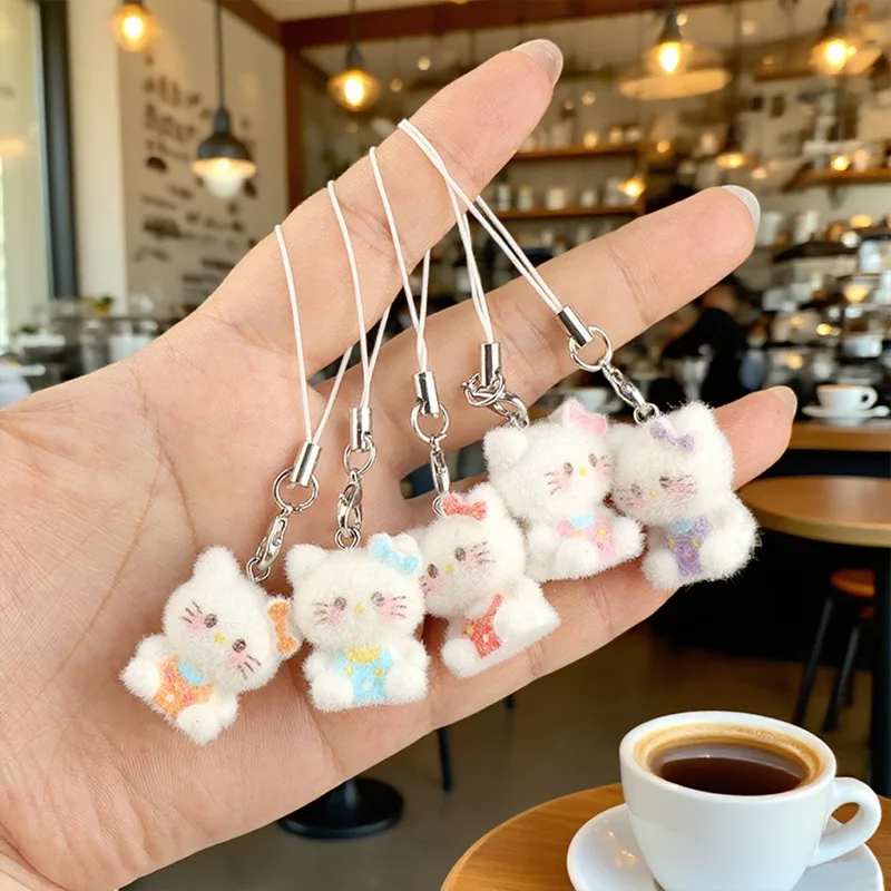 

5Pcs Kawaii Sanrio flocking mobile phone lanyard, creative animation Hello Kitty keychain chain, bag pendant, girl gift.