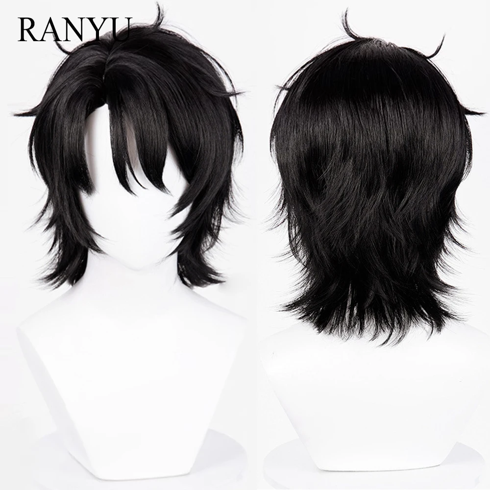 Short Straight Black Fluffy Synthetic Wig Anime Game Cosplay Men Heat Resistant Wig for Daily Party