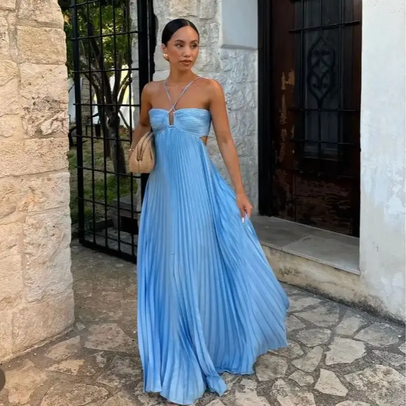 

Simple Prom Dress Blue A-line Evening Dresses Chiffon Pleated Robes De Soirée Women Formal Party Gowns