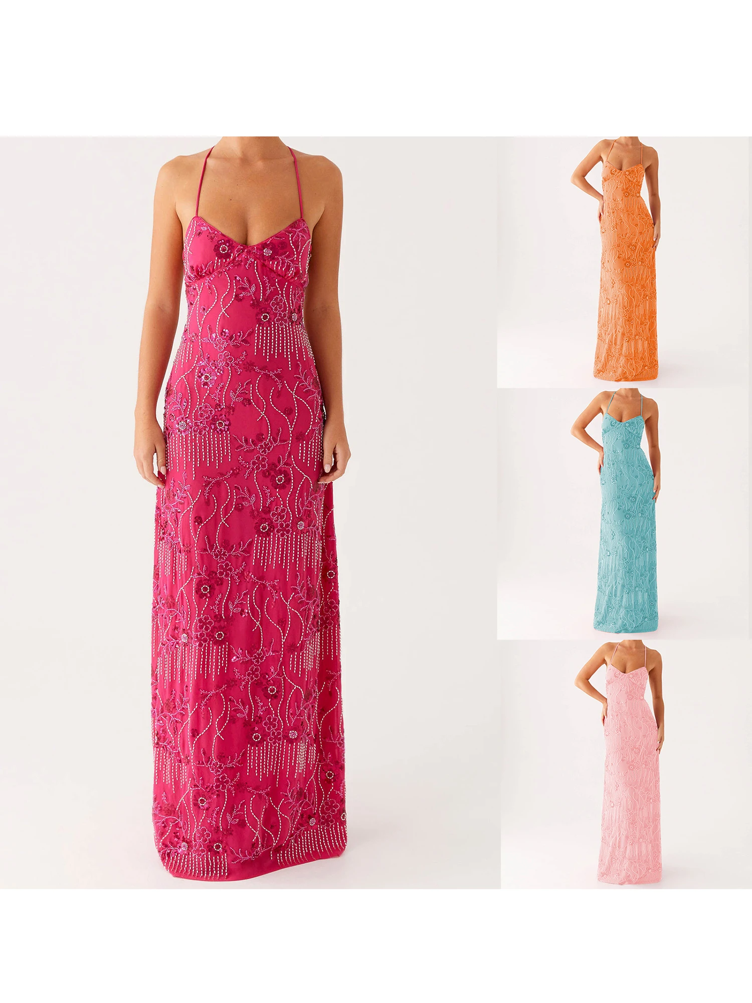 Elegant Floral Embroidered Maxi Dress with Sequins Detailing Sleeveless V-Neck Cami Dress for Summer Stylish Cross Back