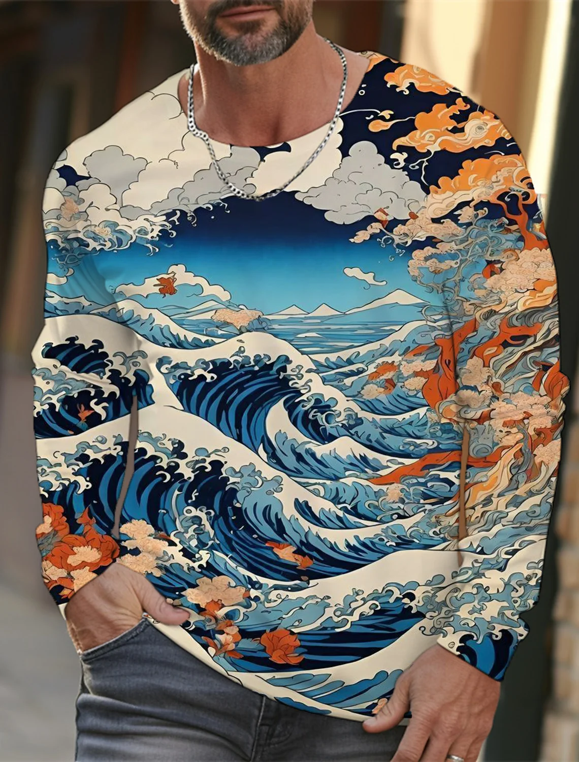 2024 New Ukiyoe Kanagawa River Waves Cat T-shirts 3D Print Men Women Loose Long Sleeve T Shirt Tops Autumn Casual Round Neck Tee