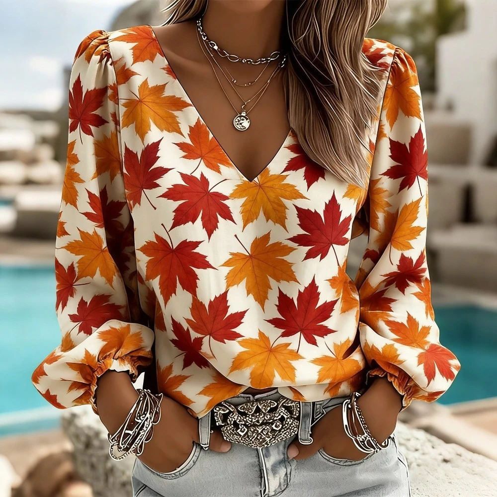 

Женская блузка с V-образным вырезом и пышными рукавами, легкая, с цветочным и лиственным принтом, свободного кроя, повседневная, женственная, струящаяся рубашка для весны, лета, осени