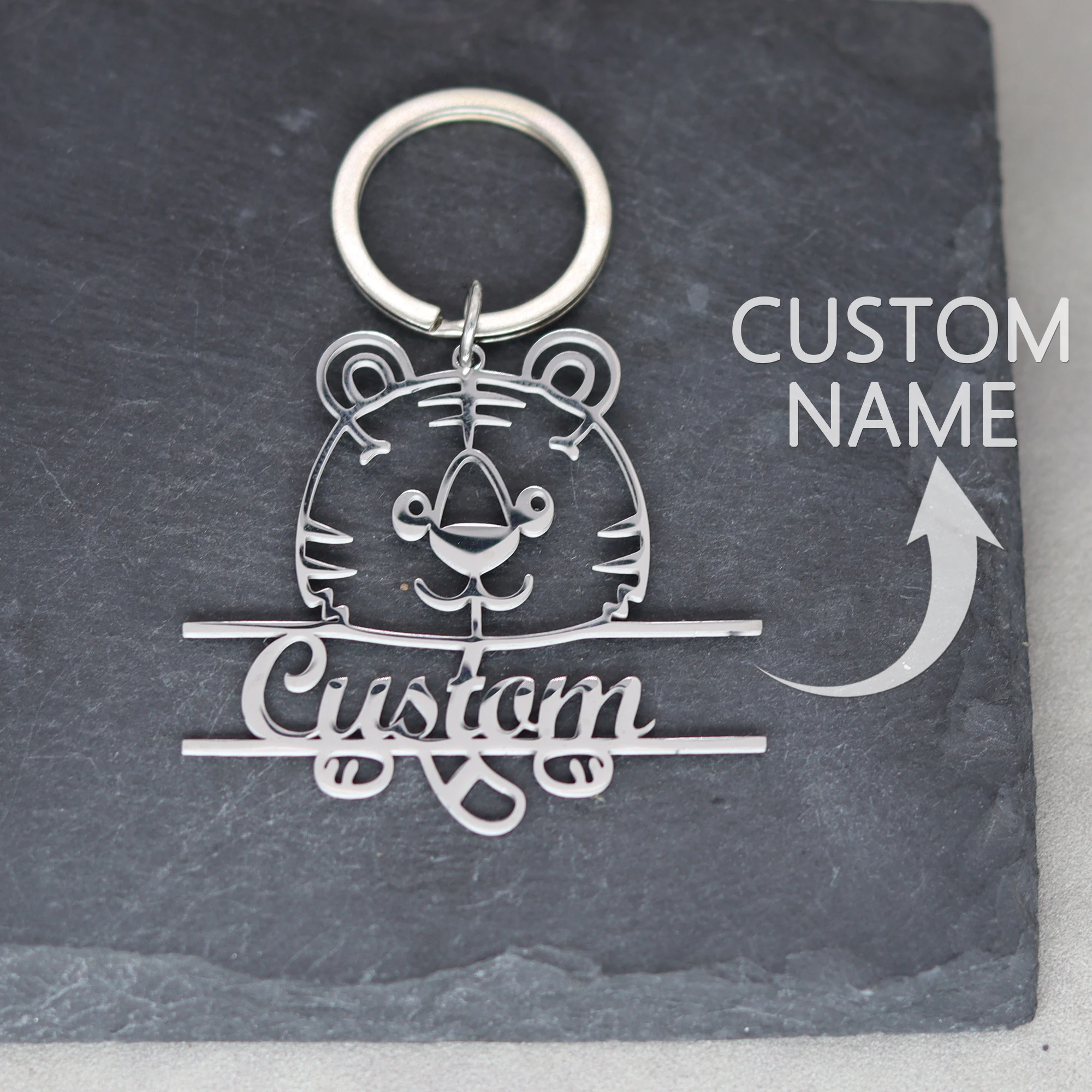 Custom Cute Cartoon Tiger Keychains Custom Text Name Stainless Steel Keyring Couple Best Friend Keychain Charms Animal Keychain