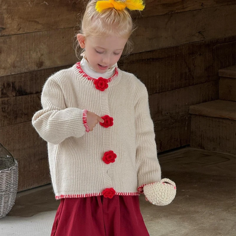 

2025 Autumn New Girls' Red Flower Button Decoration Warm Cardigan Knitted Jacket