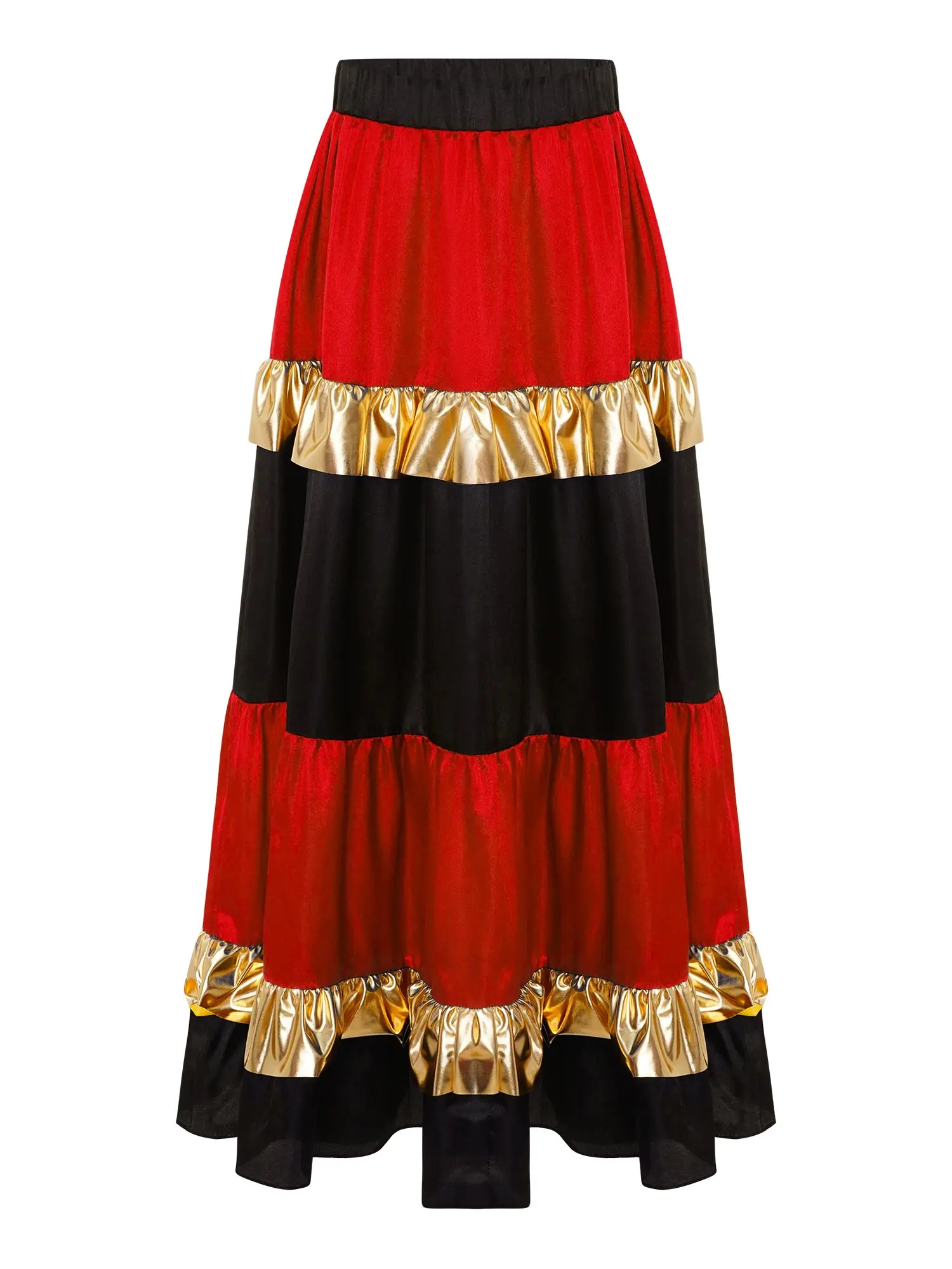 Kids Girls Waltz Flamenco Dance Performance Maxi Skirt Tiered Ruffled Satiny with Metallic Big Swing Skirt for Spanish Dancewear