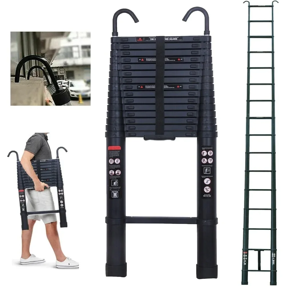 20 FT Aluminum Telescoping Ladder with 2 Detachable Roof Hooks(2.8 inch), Lightweight Telescopic Extension Ladder for Home