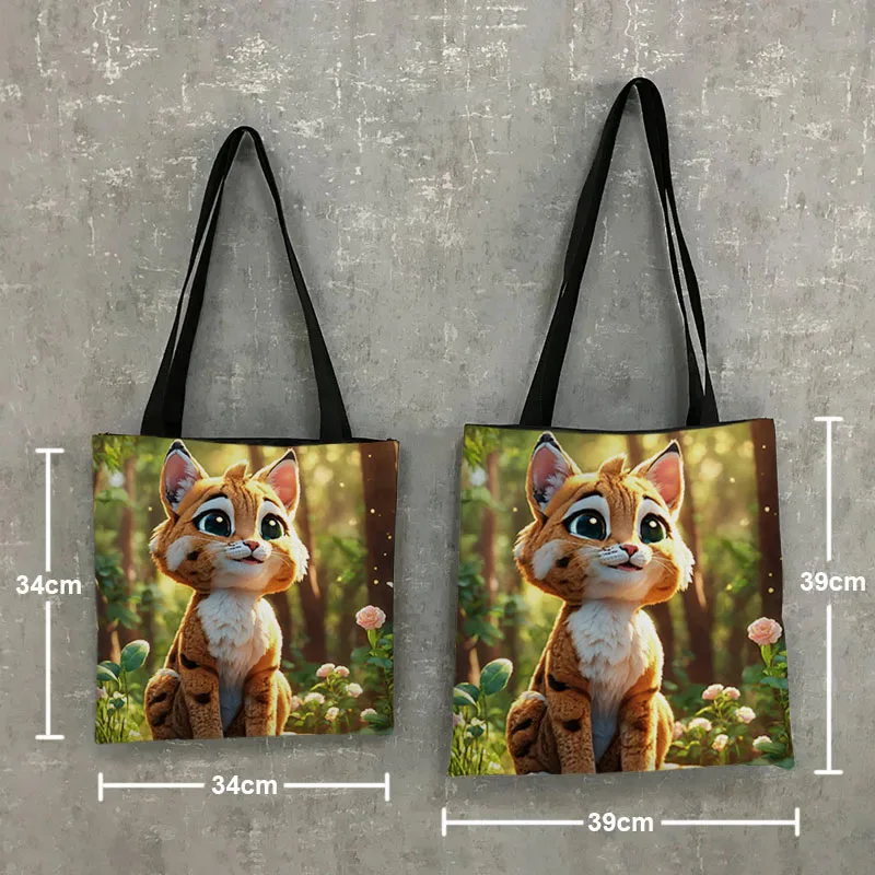 Cartoon Bobcat Print Tote Bag Cute Wild Lynx Cat Women Handbag Large Capacity Storage Bags Reusable Shopping Bag Grocery Bags