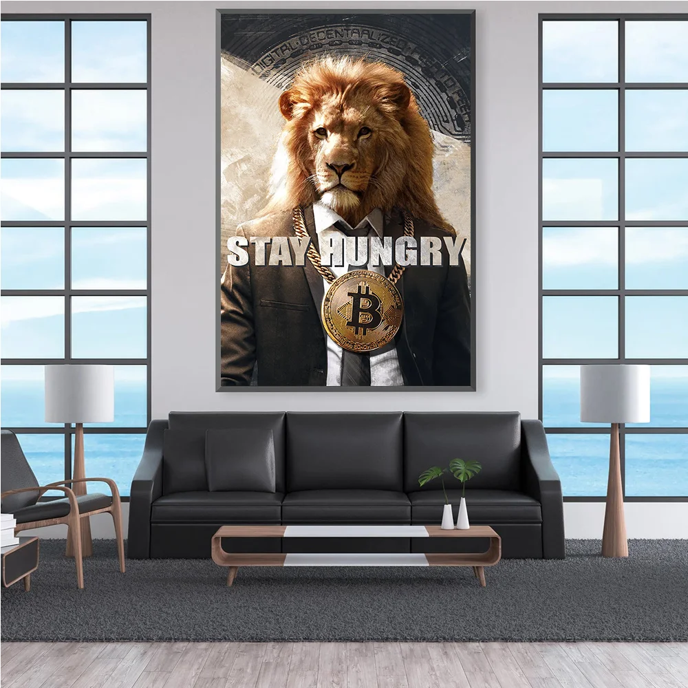 Abstract Animal Canvas Painting,Africa Lion Wall Art Posters,Stay Hungry Prints, Bitcoin Necklace,for Living Room Pictures