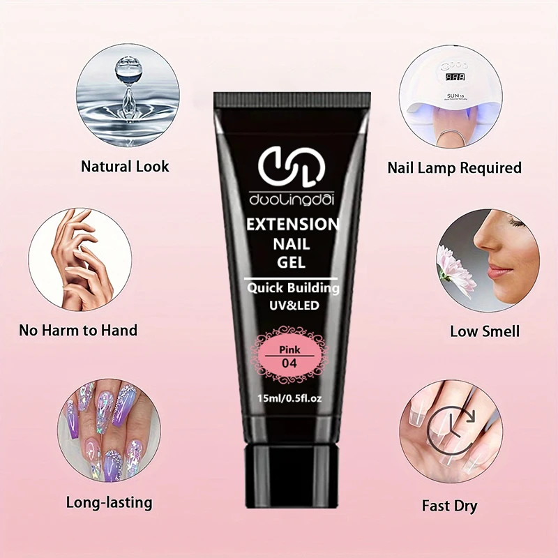 Poly-Gel-Verlängerungswerkzeug-Set, einschließlich 30 ml Reinigungsflüssigkeit, 7,5 ml Grundlack und Decklack, Nagelform, Nagelclip und Nagelbürste