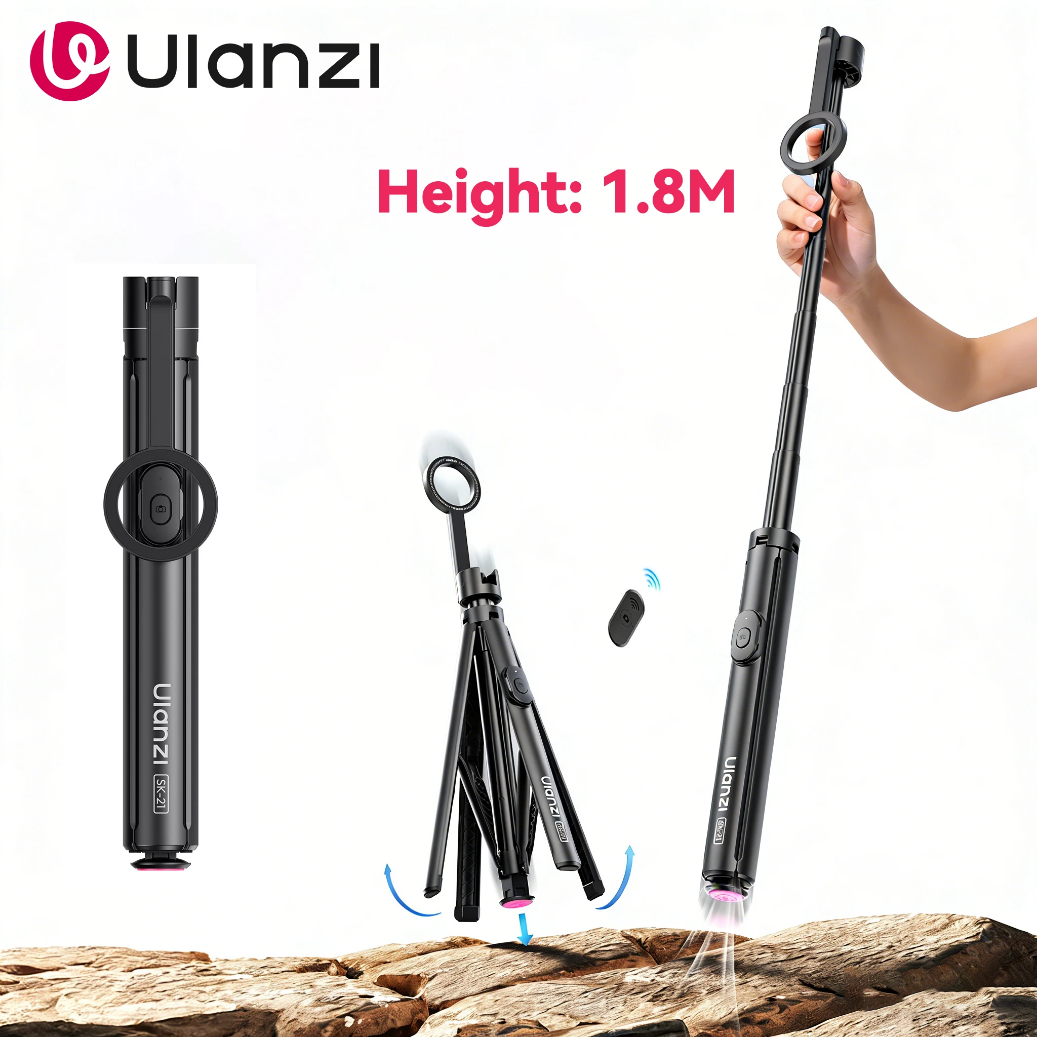 Tripé Magnético Ulanzi SK-21 de 1,8m para Celular, Bastão de Selfie Sem Fio Bluetooth para iPhone 17 16 PRO MAX Xiaomi Samsung Vivo