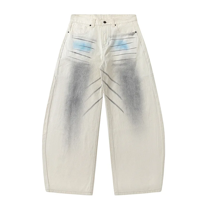 【Mirrordust】Pantalones tipo farol pintados a mano con grafiti americano, pantalones vaqueros lavados, pantalones de pierna ancha holgados estilo cimitarra de otoño para hombre