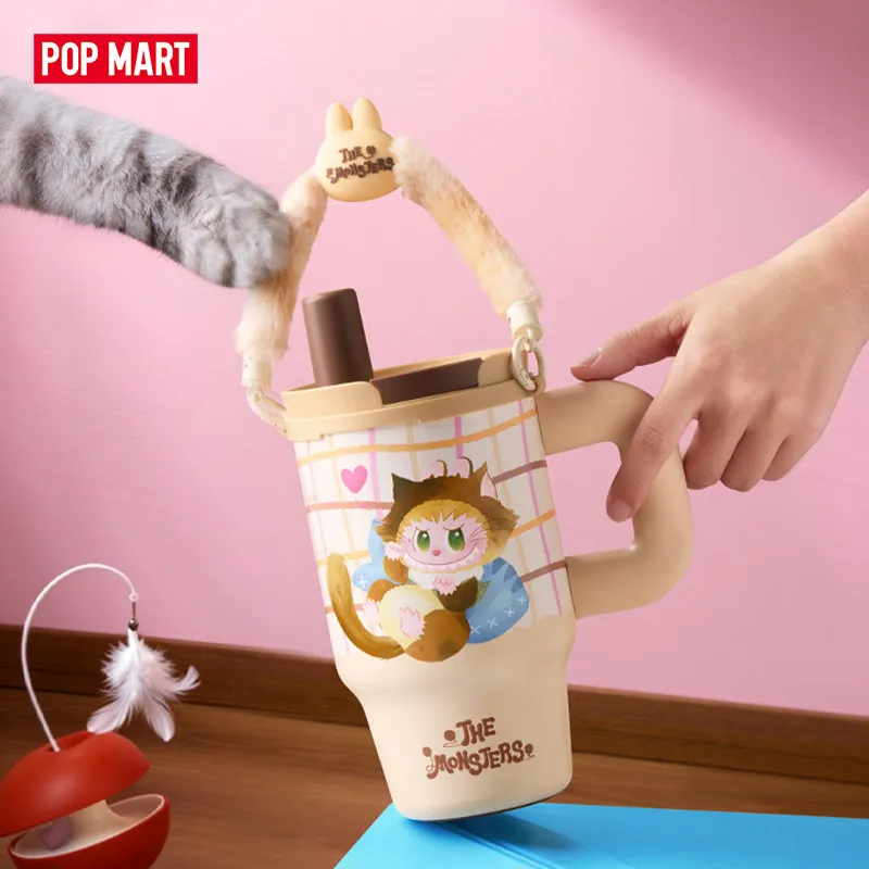 POPMART The Monsters Insulated Water Cup Cute Cat Pattern Stainless Steel Tumbler With Plush Handle Straw For Daily Office