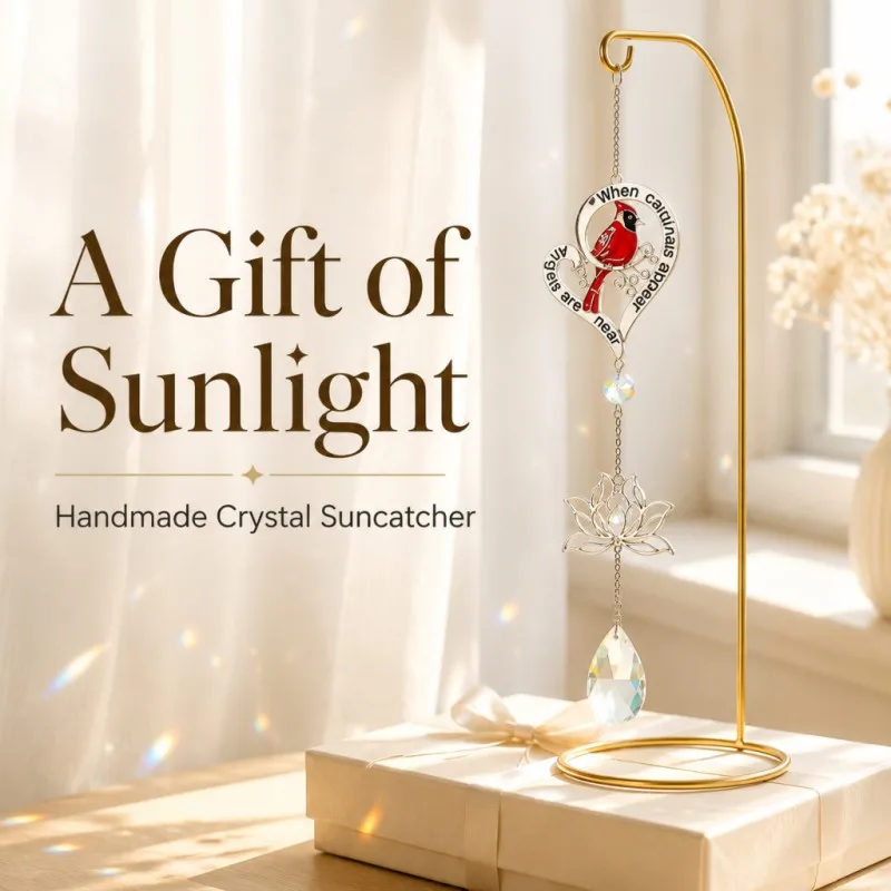 1pc Cardinal and Lotus Suncatcher Colorful Wind Chime,Crystal Prism Pendant Suitable for Indoor or Car Hanging