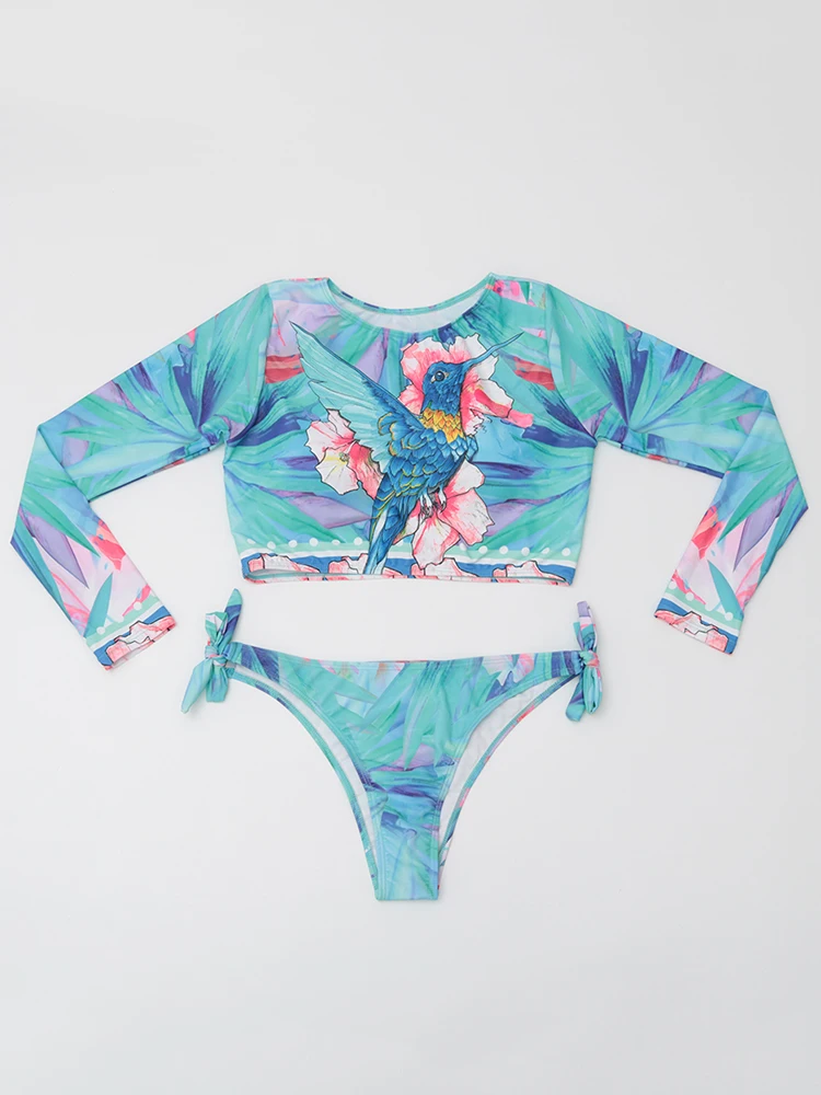 2023 New Sexy Print Long Sleeve Swimwear Women Swimsuit Female Two Pieces Bikini Low Waist Bathing Suit Beachwear Swimming Suit