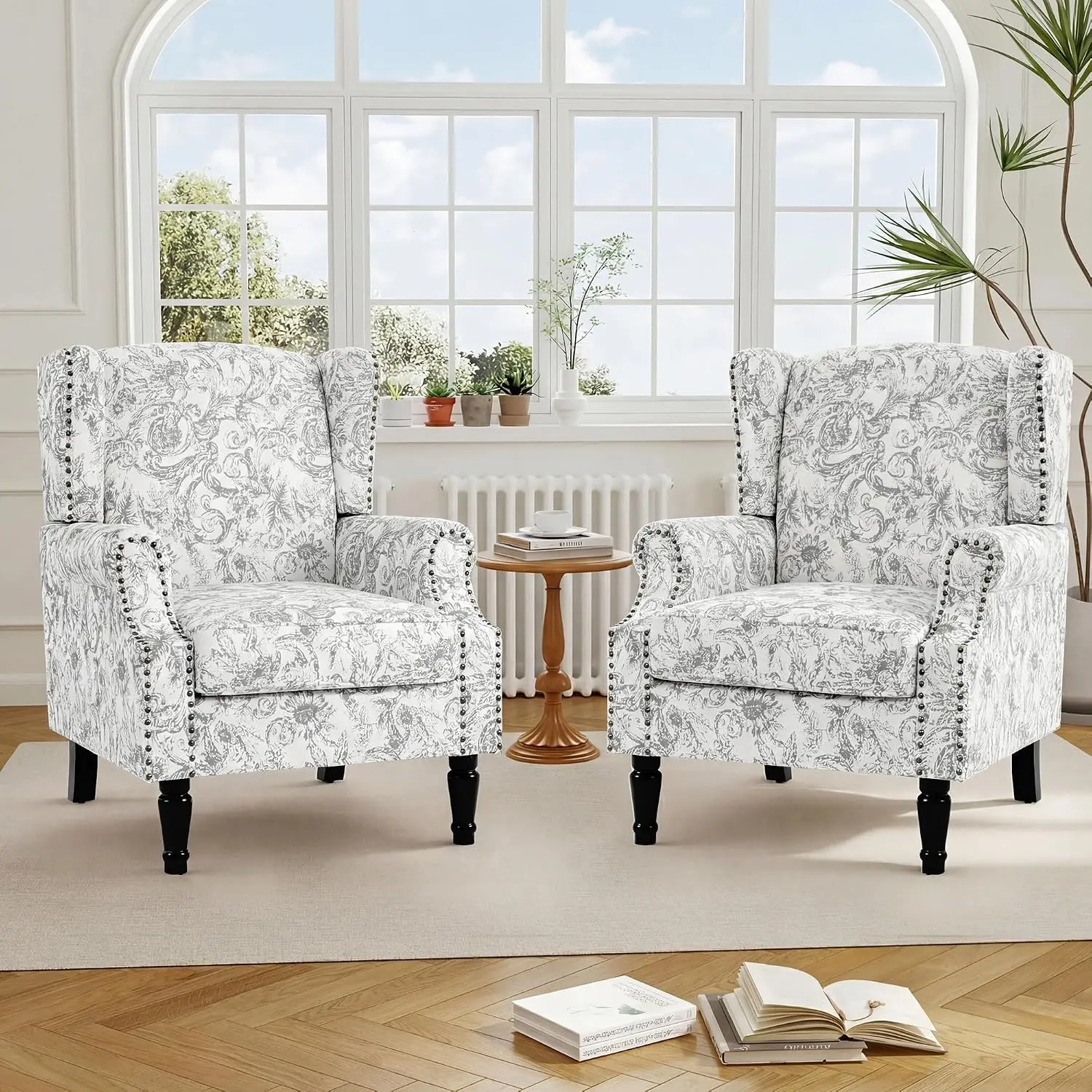 Floral Wingback Chair, High Back Armchair, Wood Legs & Frame with Nailhead Trim, Living Room Bedroom, Set of 2, Customized