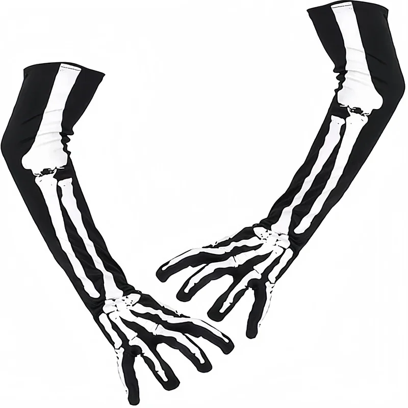 Arm Warmers Skull Mittens Fingerless Long Sleeve Gloves Unisex Stretchy Skeleton Gloves for Daily Halloween Cosplay Party Wear