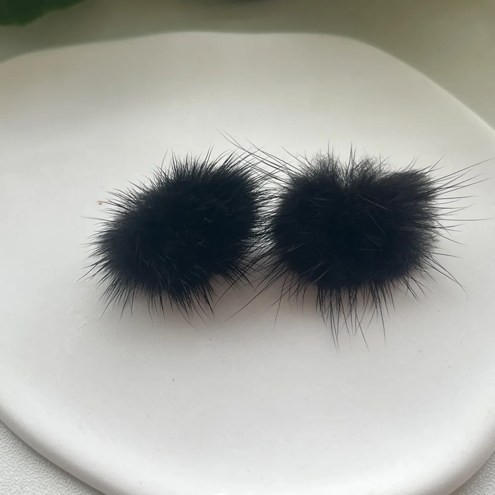 Genuine Mink Fur Ball Fur Pom Pom Stud Earrings For Women SOFT Jewelry Cute Christmas Gift