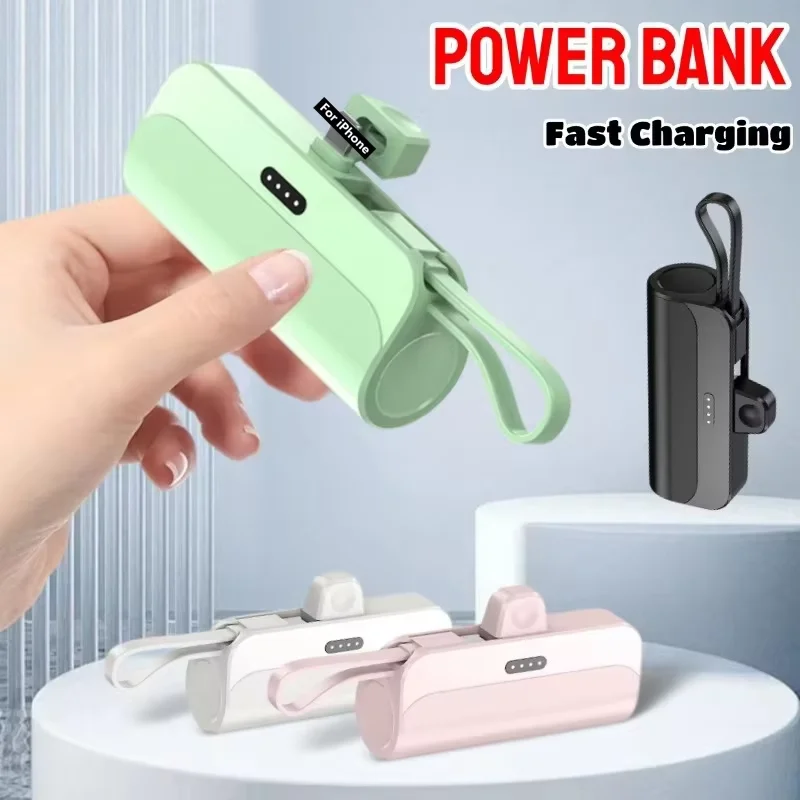 Mini Power Bank 30000mAh Capsule Portable Power Bank Fast Charging Built Cable External Battery Plug Play For iPhone Samsung