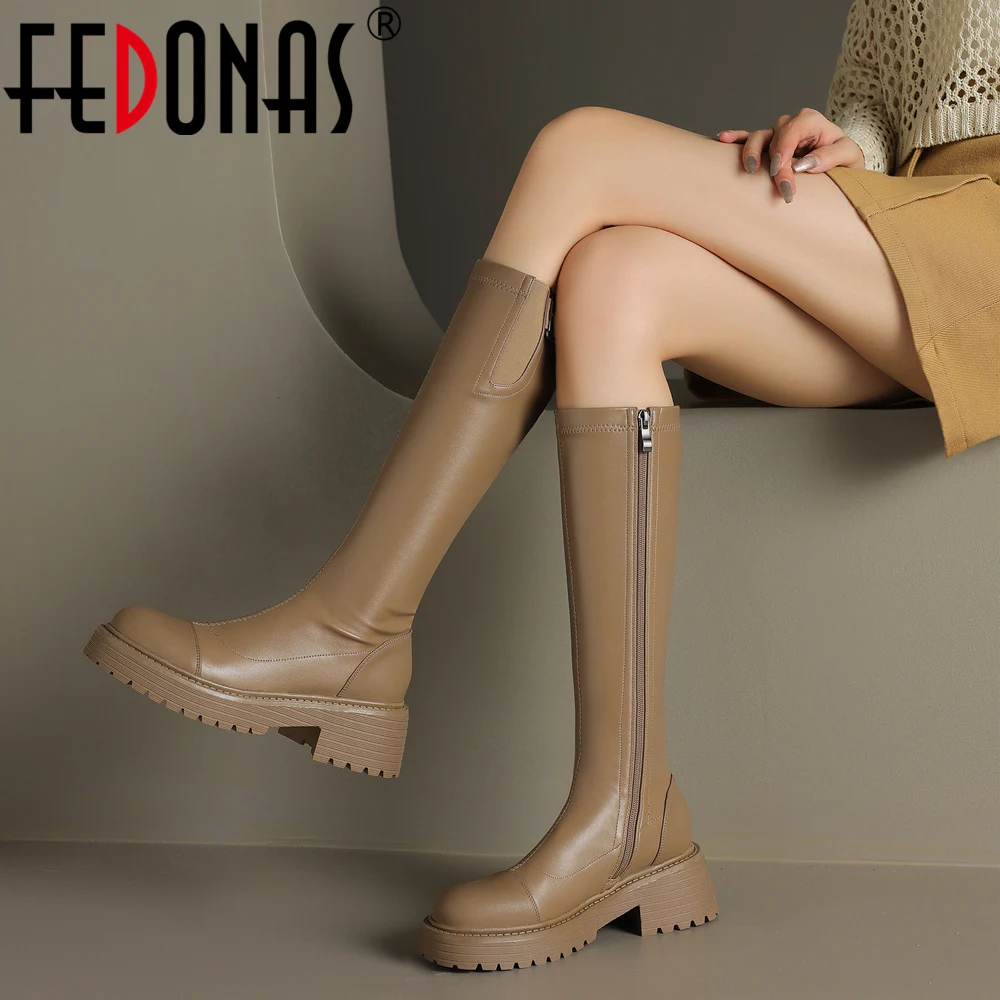 FEDONAS Basic donna stivali al ginocchio autunno inverno Splicing cerniera laterale in vera pelle scarpe da donna da ufficio donna punta tonda