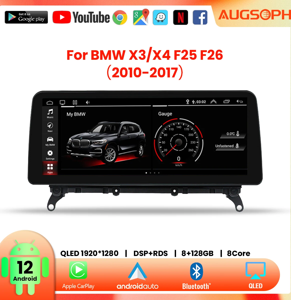 

Android 12 Car Radio for BMW X3 F25 X4 F26 2010-2017, 12.3" QLED 8 Core Multimedia Stereo Player with 4G Carplay & Auto GPS