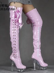 Crossdress Pink Boots 15cm Platform Strip Pole Dance Exotic Lace Up Sexy Fetish Shoes 6Inch Women's Gothic Big Size Round Toe