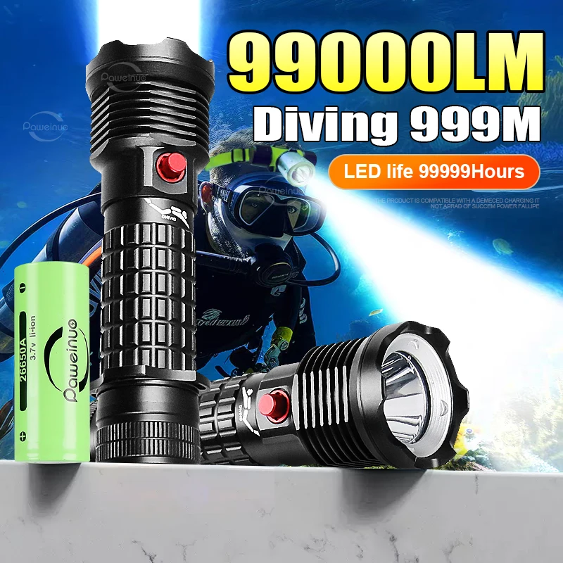 

99000 Lumens High Power LED Flashlight Professional Diving Flashlight Professional Fishing Hunting Scuba Diving Light Flashlight