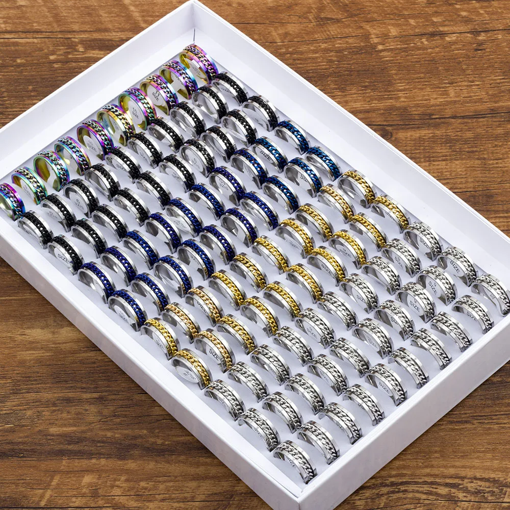 Wholesale Bulk 20pcs/Lots Rotatable Chain Spinner Stainless Steel Rings Decompression Jewelry For Men Women Mix Style