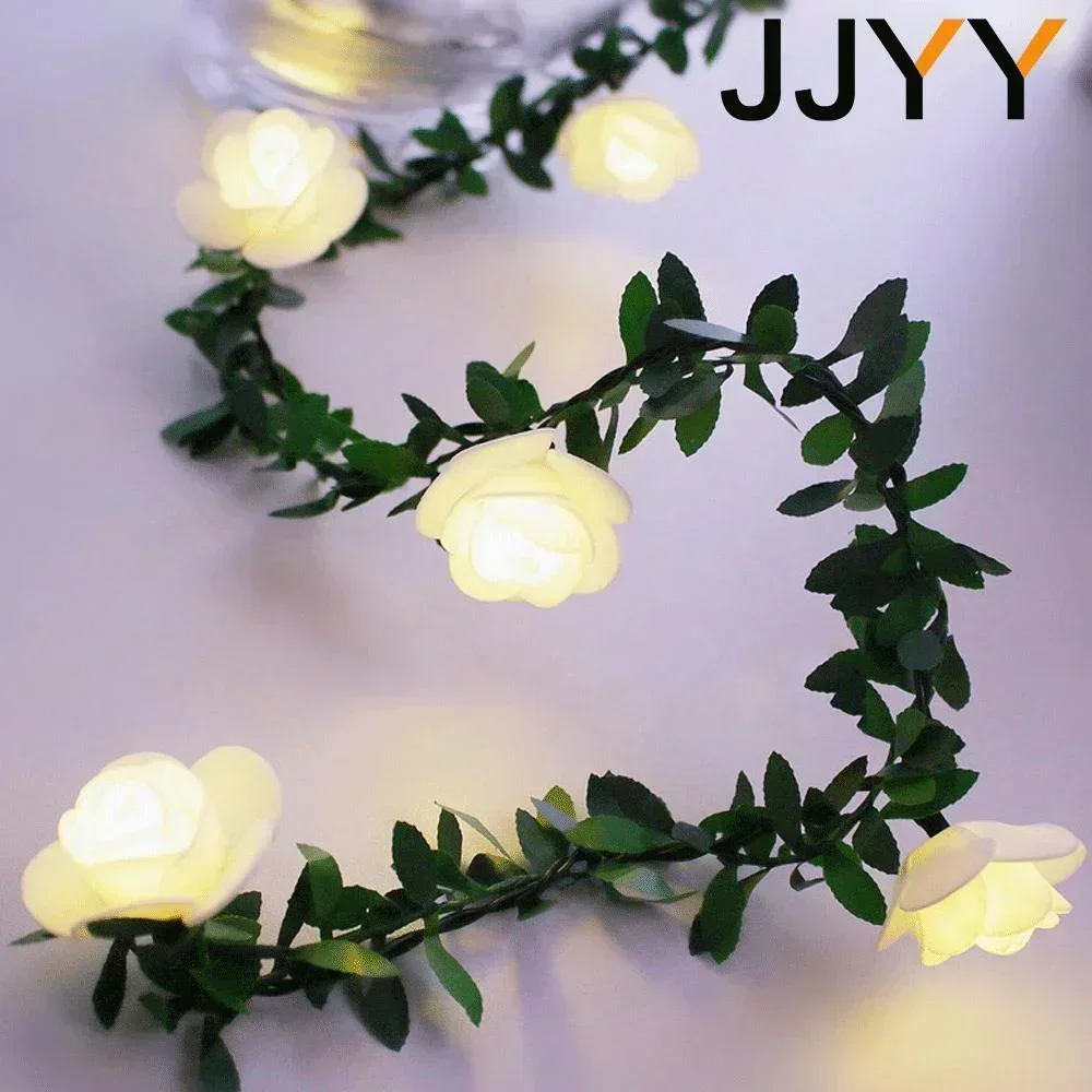 Linterna navideña con rosas, luces LED de 1,5 M, 3M, 6M, iluminación de cuento de hadas de vid de hoja verde para decoración de fiesta familiar