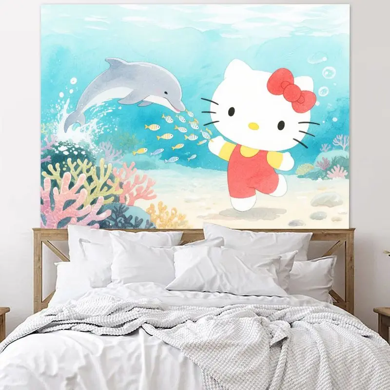 1枚入り キュートなハローキティ水中シーンタペストリー カラフルなサンゴアートウォールデコレーション 子供部屋や猫好きの方に最適