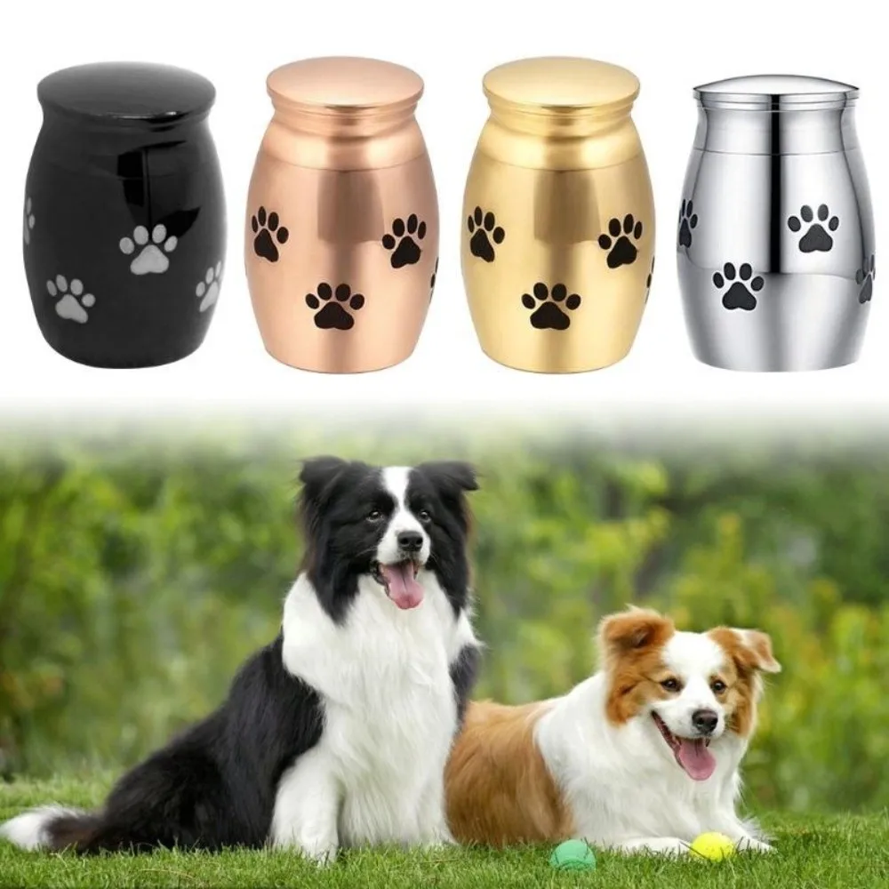 

Stainless Steel Pet Cremation Urns Waterproof Dustproof Ash Memorial Container with Lid Puppy Paw Pattern Keepsake Burial Jar