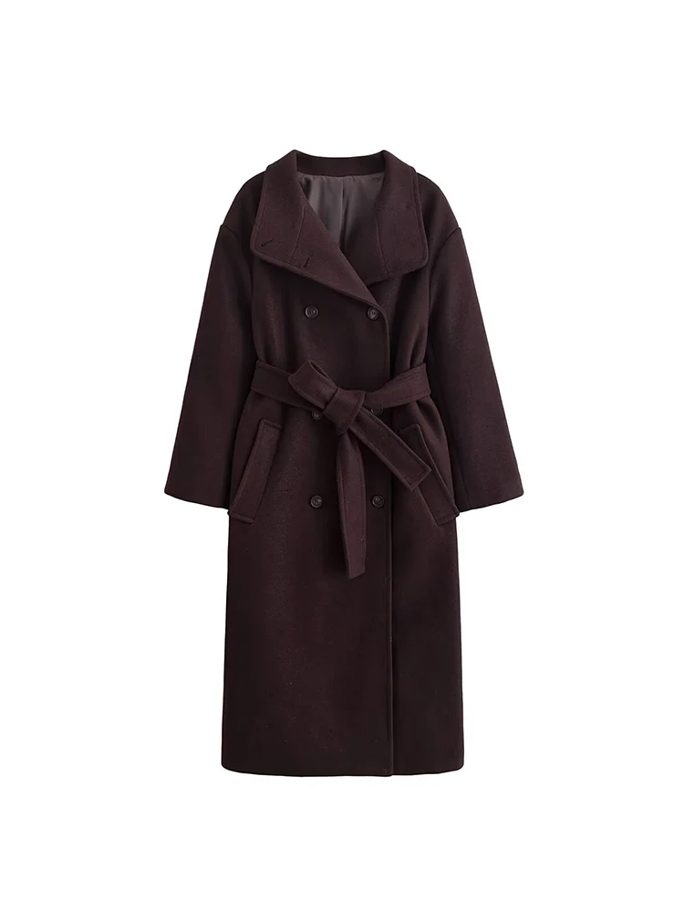 

European-style new women's fashionable and versatile solid color retro lapel double-breasted wool coat.