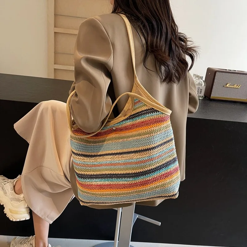 2024 New Fashionable Simple Shoulder Bag High Quality Large Capacity Tote Bag Striped Design Buckle HOT SALE Handbag