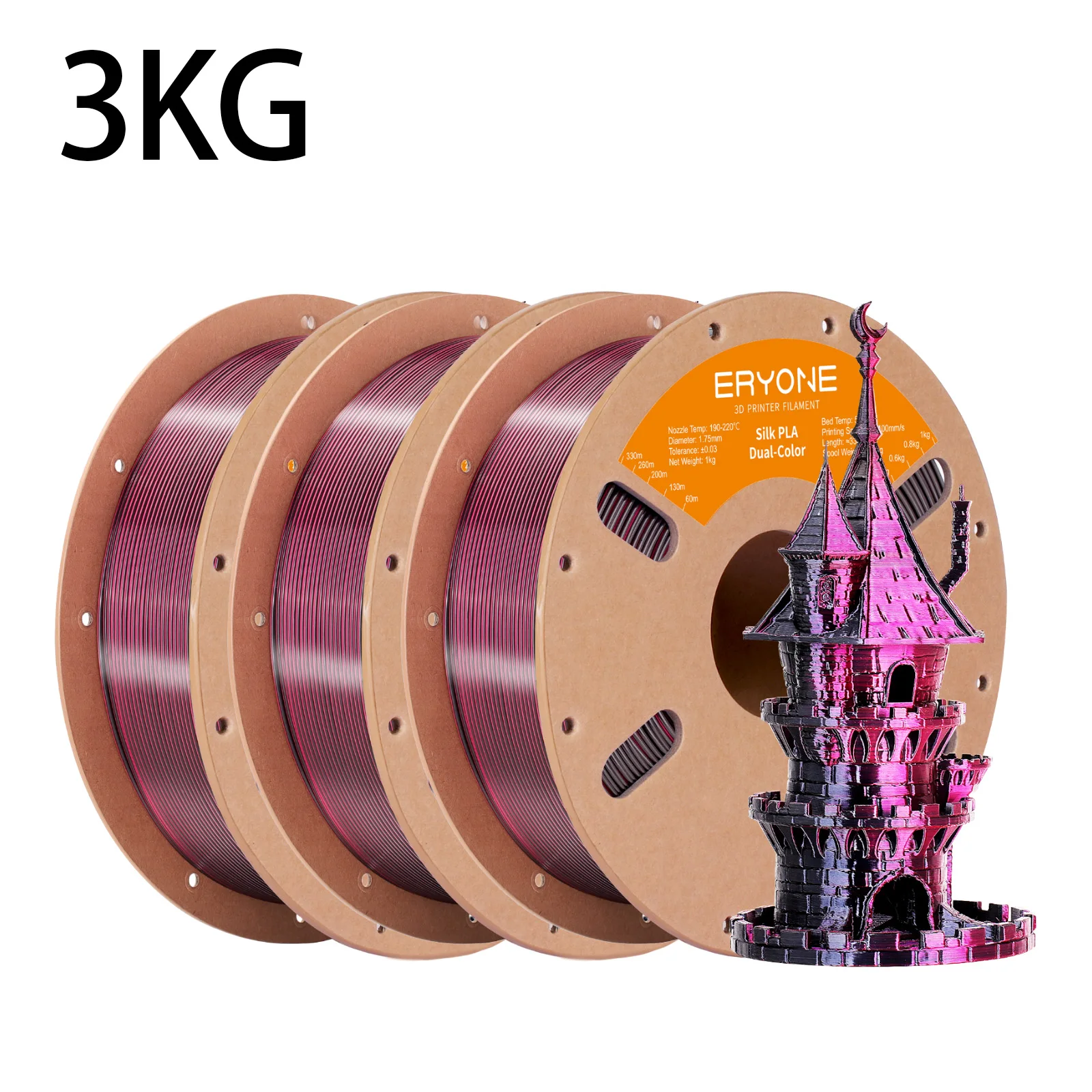ERYONE 3KG PLA Dual Color Silk PLA Filament Compatibel met FDM 3D-printers 1KG 1,75 mm ±0,03 mm Perfecte spoelwikkeling 1kg spoel
