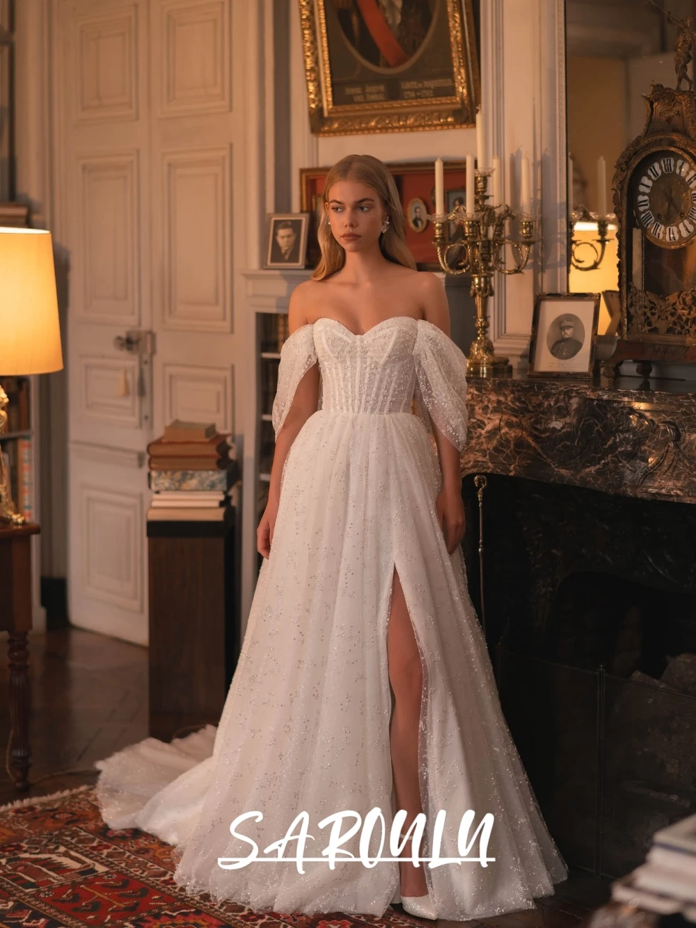 

Fantasy Pearls Off-the-shoulder Wedding Dress Graceful A Line Corset Bridal Gown Stunning Long Train Customized Bride Wear