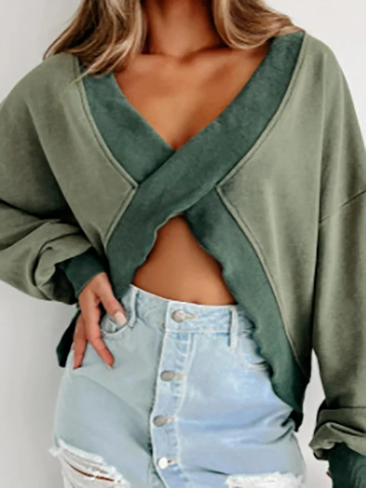 V-Neck Long Sleeve Loungewear Hoodies Women Autumn Winter Solid Patchwork Holiday Ladies Pullovers Hollow Out Loose Streetwear