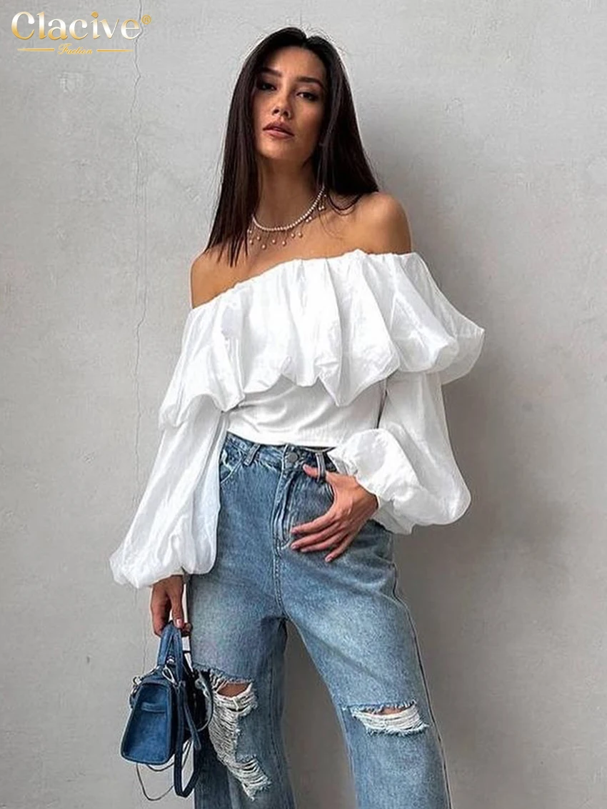 

Clacive Summer Loose White Top Women 2024 Fashion Slash Neck Puff Sleeve Tank Top Sexy Classic Crop Tops Female Clothing